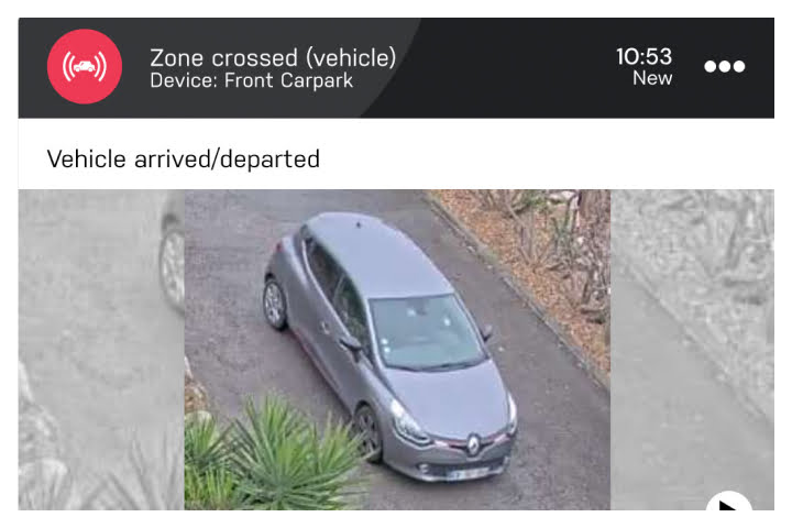 Example of a real time alert on CloudVis triggered by a car entering the camera's view