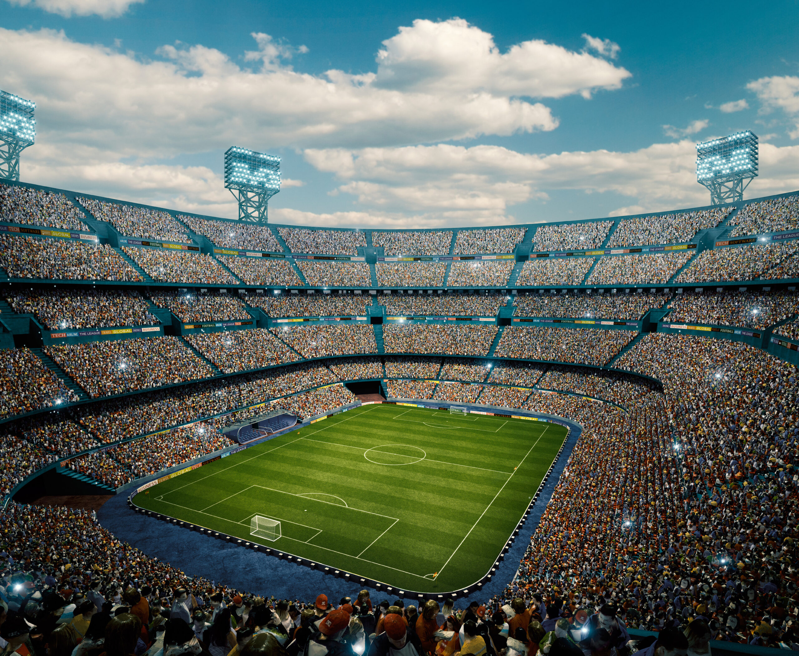 Sunny soccer stadium panorama